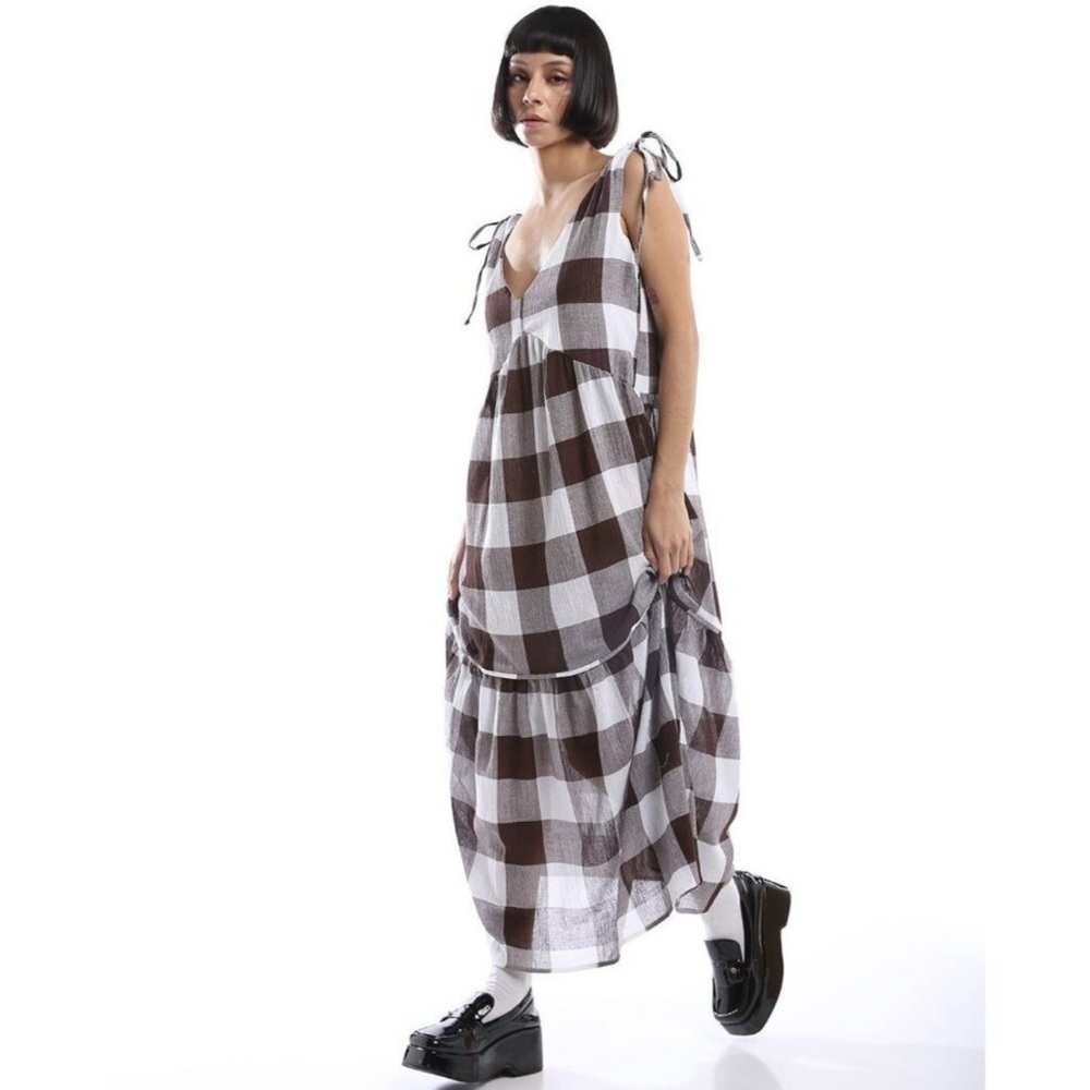 CRINKLE TRAPEZE MAXI SUNDRESS IN CHOCOLATE GINGHAM-MULTI L